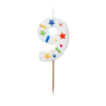 Svece '9'. balta ar konfeti